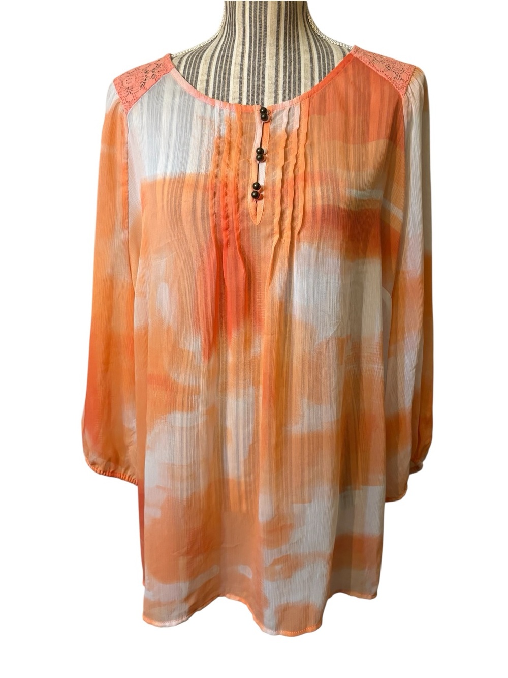 Avenue Blouse XL Coral and White Tie-Dye Peasant Tunic Semi-Sheer Lace Trim Boho
